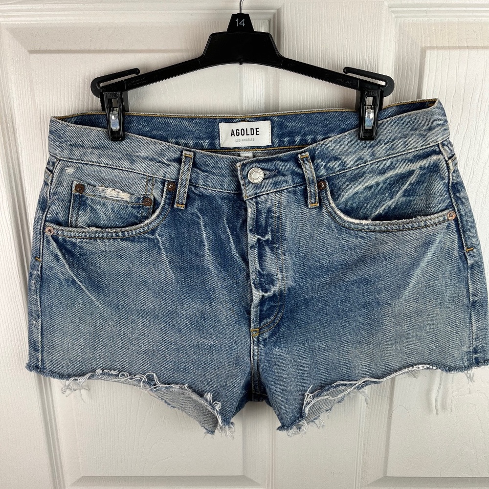 NWT Agolde Parker Button Fly Cut Off Denim jean Shorts dark Swapmeet Size 28